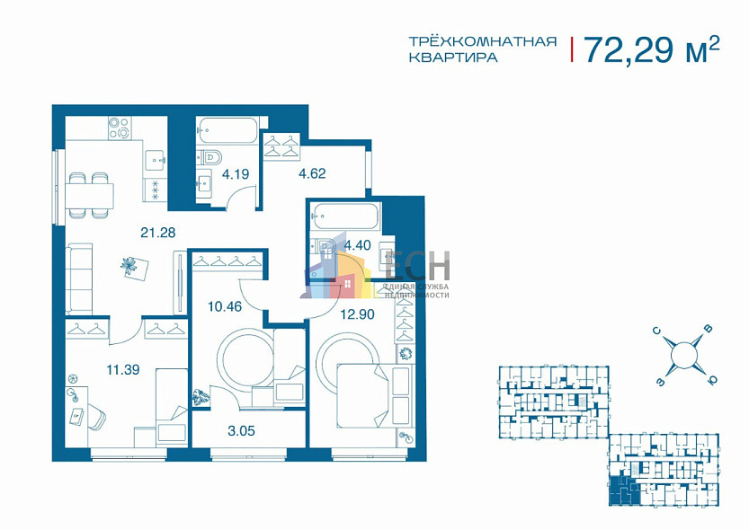 Продажа 3 комнатной квартиры, 72.29 м2, г. Тула, ул. Рязанская, жилой дом 6