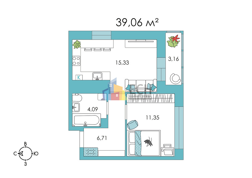 Продажа 1 комнатной квартиры, 39.06 м2, обл. Тульская, г. микрорайон Петровский квартал, улица Лётчика Пирожкова, 7 1