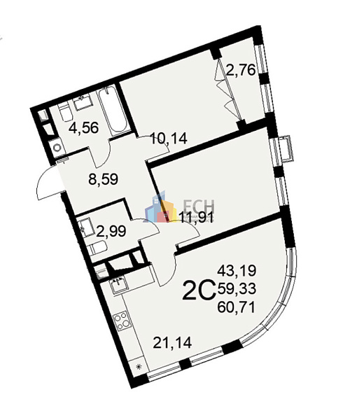 Продажа 2 комнатной квартиры, 60.71 м2, г. Тула, ул. Фёдора Смирнова, д. 2 1